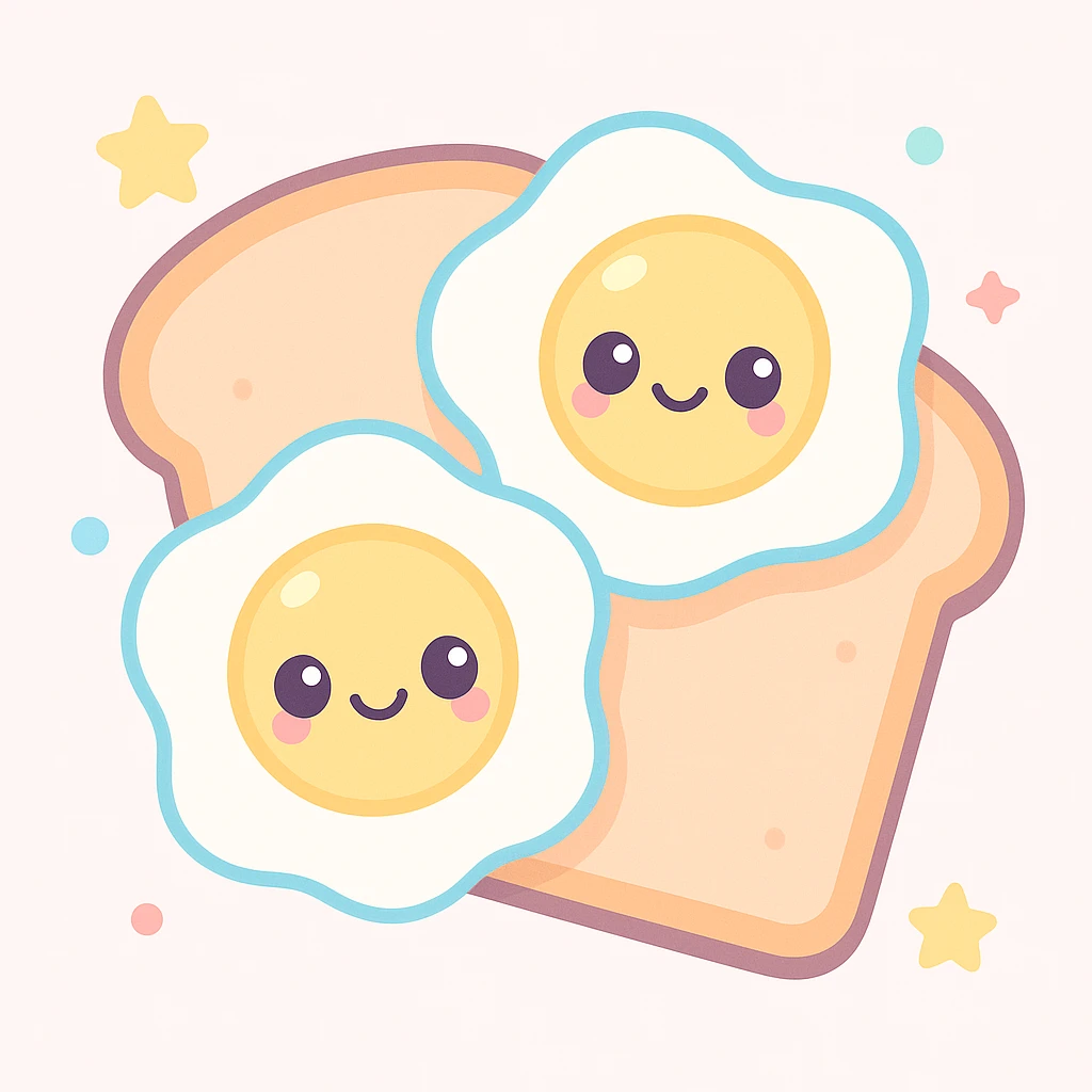 sunny side up eggs on toast, cute kawaii style, cheerful expression emoji