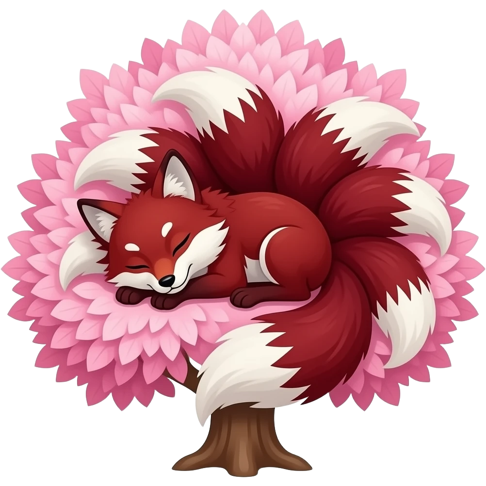 dark red and white nine tailed fox sleeping in pink tree leaves emoji