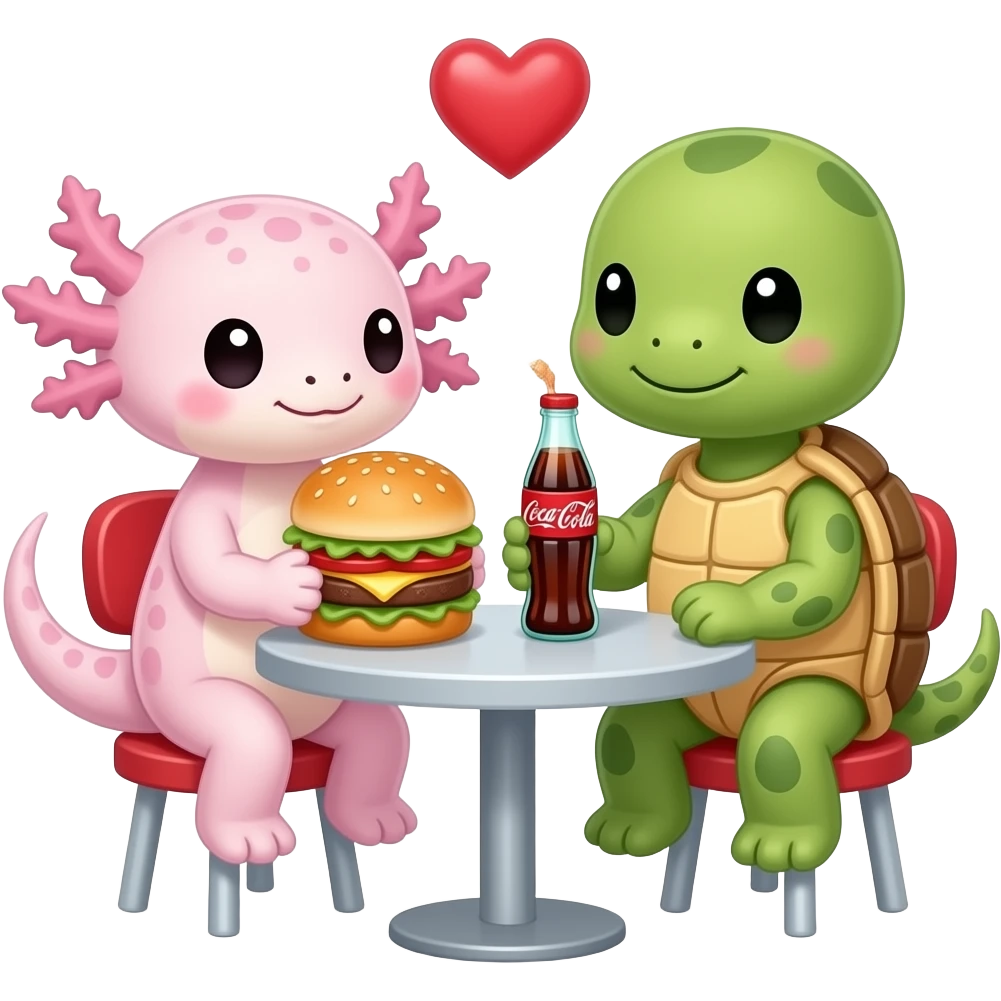 cute axolotl and turtle romance with burgers and cocacola emoji