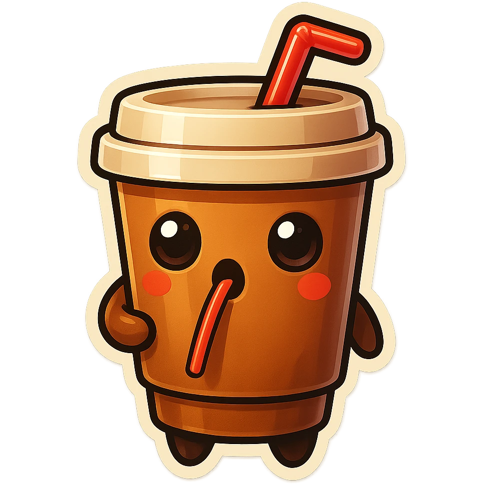 Tall coffee cup, intrigued, drinking coffee with straw, watching emoji