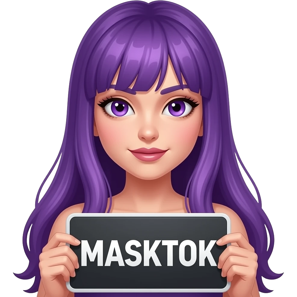sexy girl with long purple hair and purple eyes holding a MASKTOK sign emoji