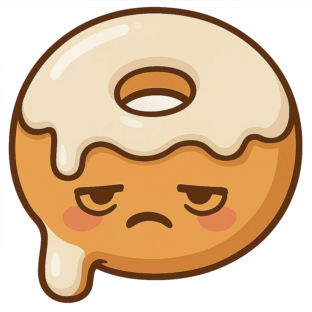 Make the donut's face look exhausted (not sad), and have the white creme dripping out of the donut hole. Keep the cartoon style, preserve transparency. emoji