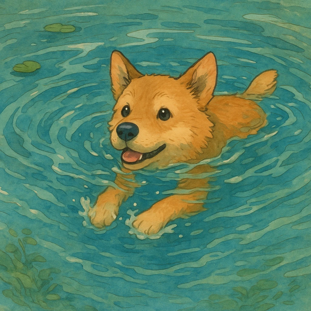 dog swimming in water, ghibli style, detailed, whimsical emoji