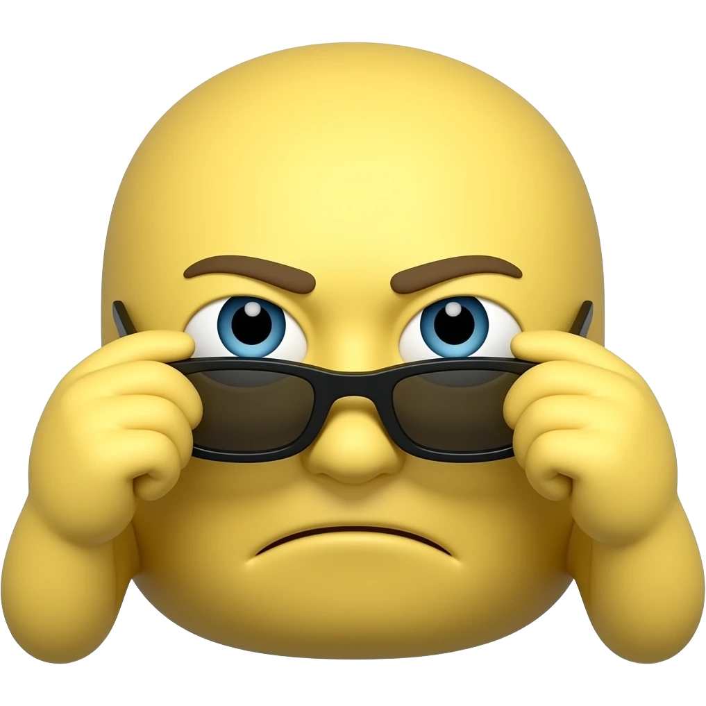 Normal yellow head emoji with sunglasses but it holds the sunflasses down with sus face emoji