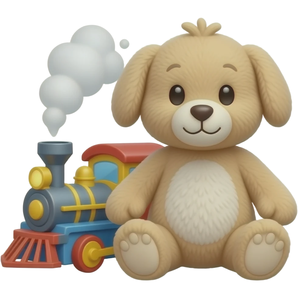 plush toy is next to the toy train emoji