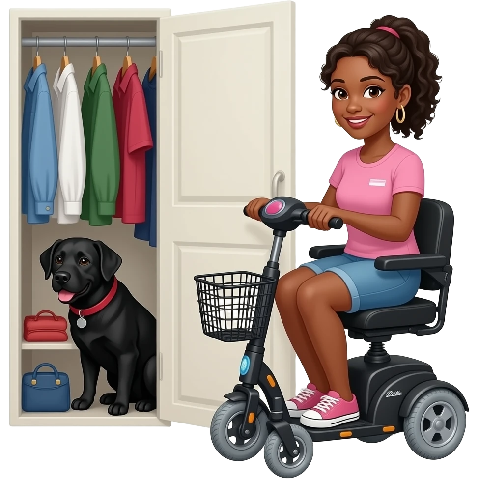 Female Black lab hiding in clothes walkin closet with black skinned female owner sitting  on  mobility scooter emoji