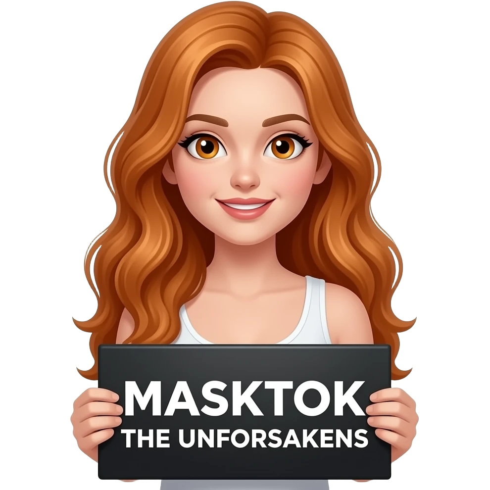sexy girl with long wavy ginger hair and ginger eyes wearing a white tanktop is holding a black colored sign with MASKTOK THE UNFORSAKENS written on it emoji