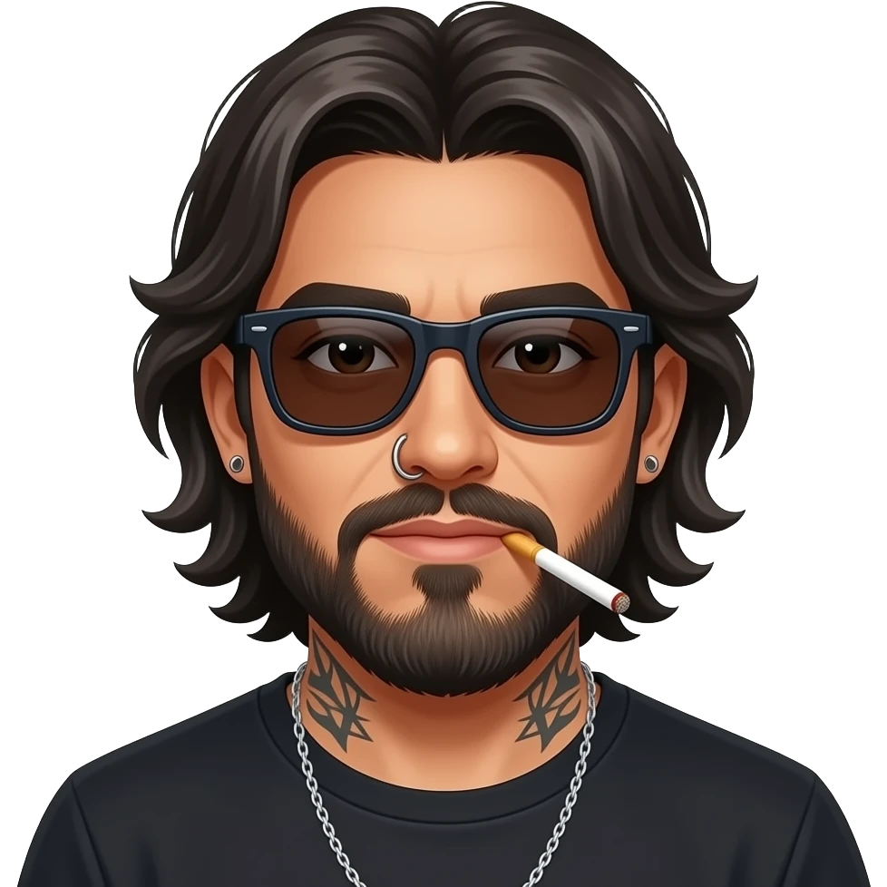 The handsome manly Latino podcast host with medium length hair, a long  slightly graying beard and tattoos with his ears pierced and a nose ring on the right side, dark brown eyes, dark sunglasses, smoking cigarettes emoji