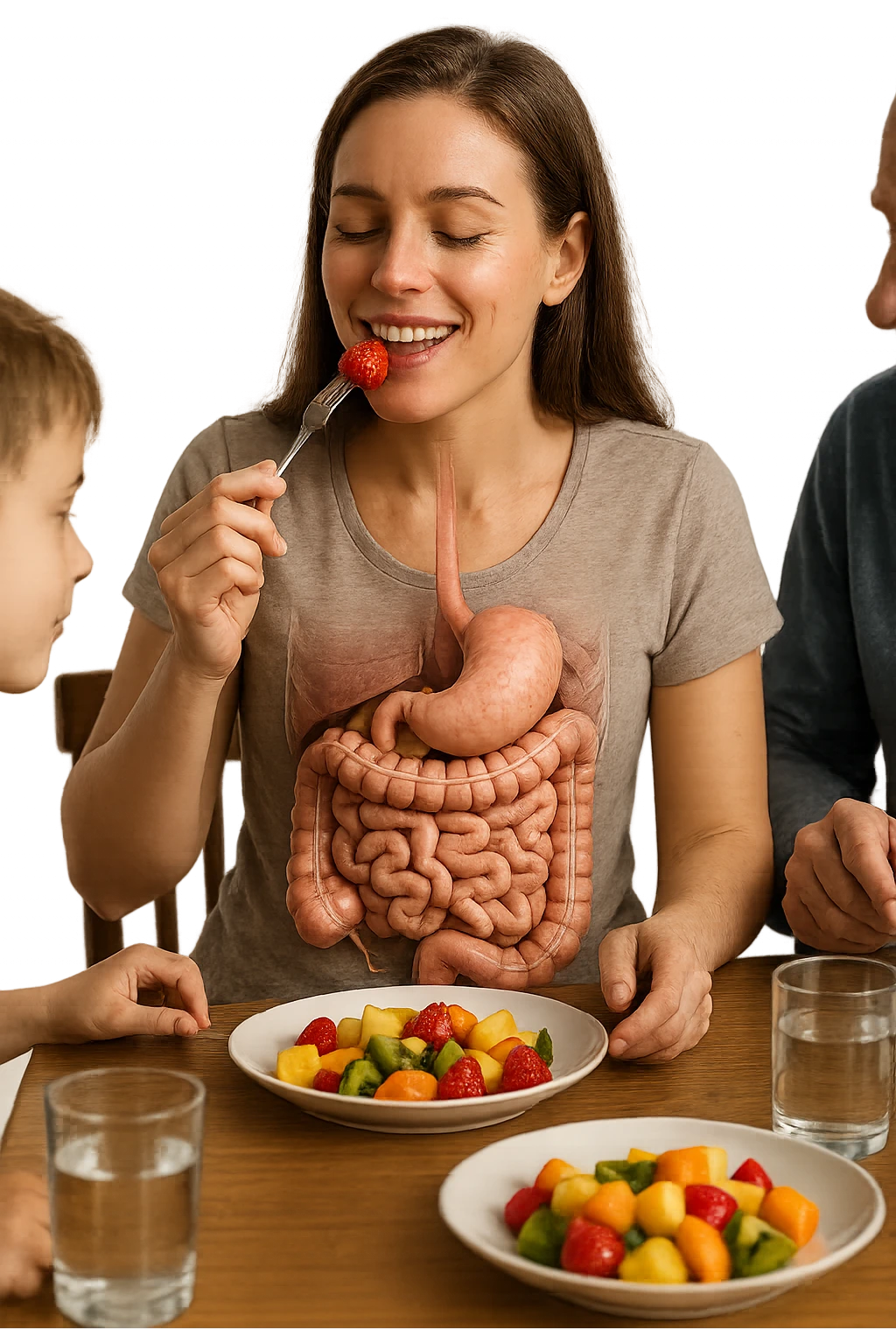 donna seduta a pranzo con la sua famiglia che mangia la frutta con intestino anatomico, iperrealistiche 4k emoji