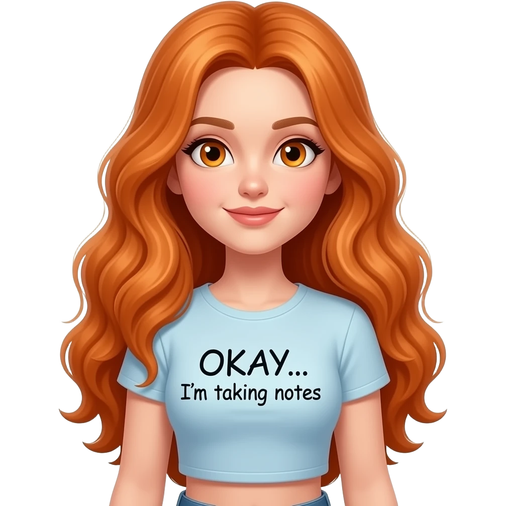 sexy girl with overlong ginger hair and ginger eyes a top with OKAY... I'm taking notes written on it emoji