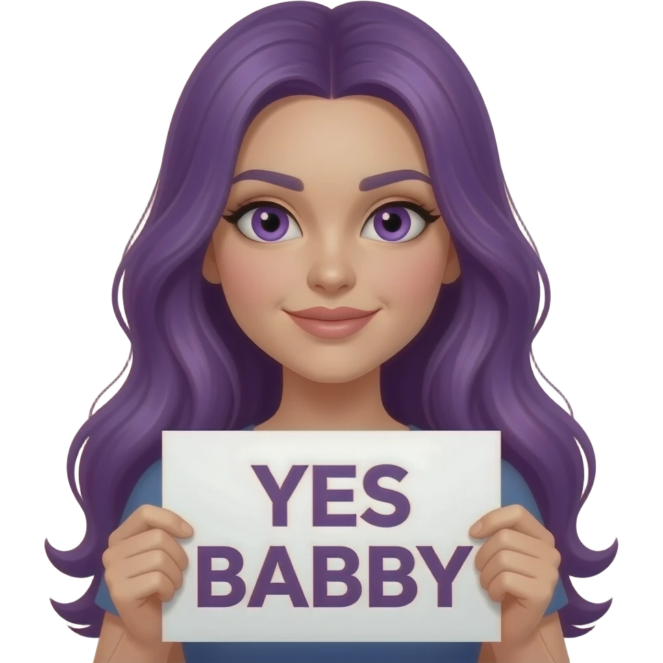 sexy girl with long purple hair and purple eyes holding a YES BABY sign emoji