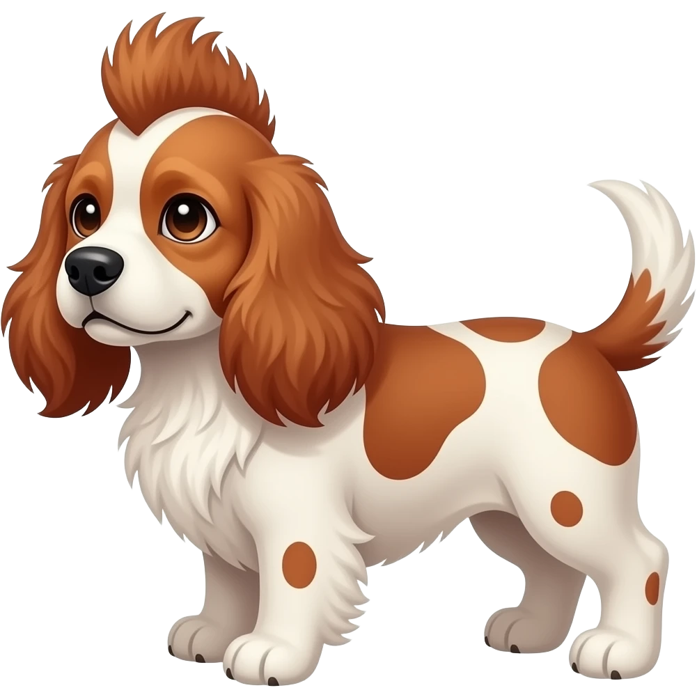 Cocker spaniel with big red and white SPOTS and a Mohawk emoji