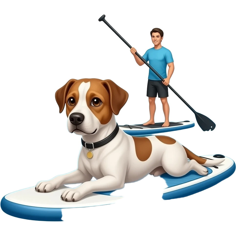 White coffee coloured Podenco joung adult lying down sphinx like on sup in front front of real paddling paddler in real peoportions on sea emoji