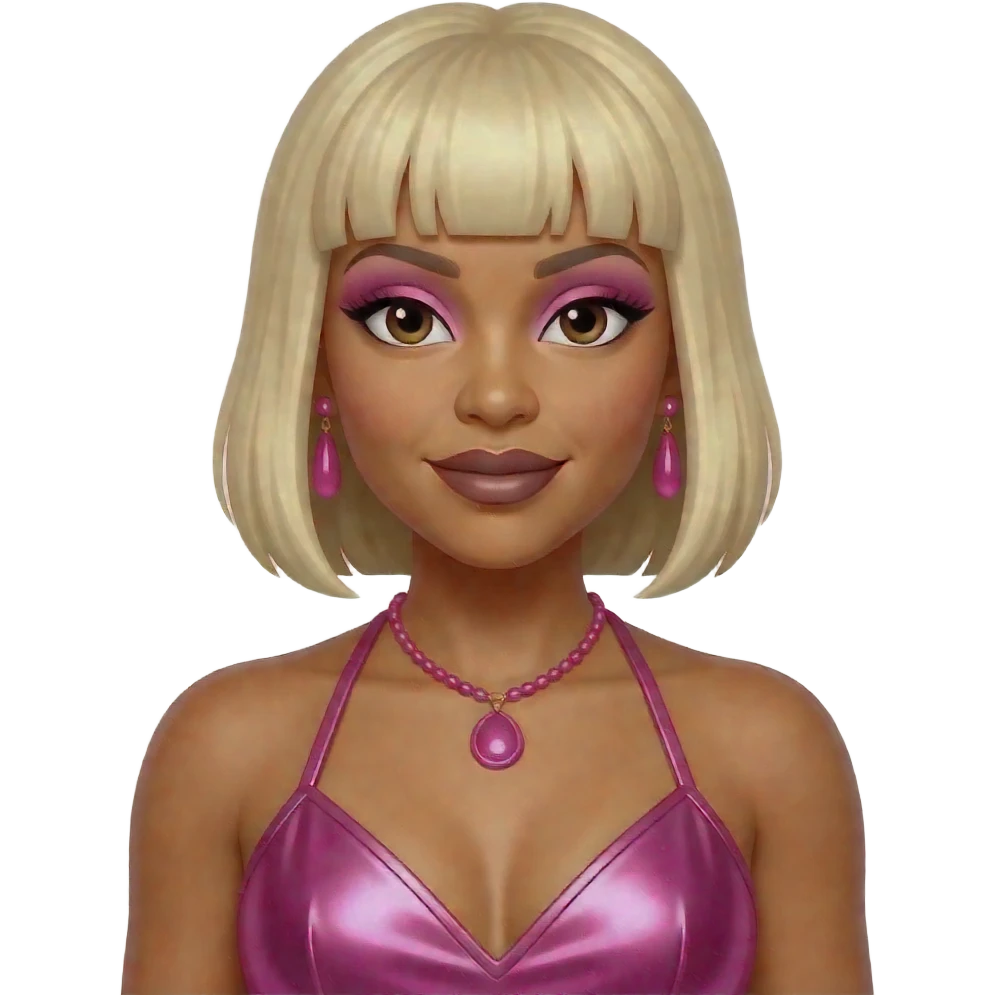 Tionne T-Boz Watkins from TLC with half long, half short blonde hair, pink eyeshadow, dark brown lipstick, hot pink metallic halter dress, pink necklace and earrings emoji