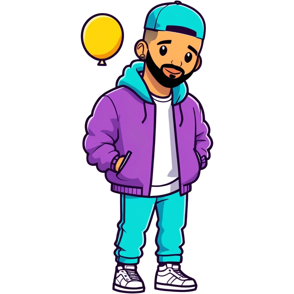 Toronto celebrity, musician, rapper drake 2025 illustration, sticker design. must be ultra hyperrealistic, mirco-detailed, flat layout. Colorful, happy features. Full view. Life-like.
 Must be 8k hd, 8000x8000px resolution. Must use very thin transparent smooth lines, around the illustration  emoji