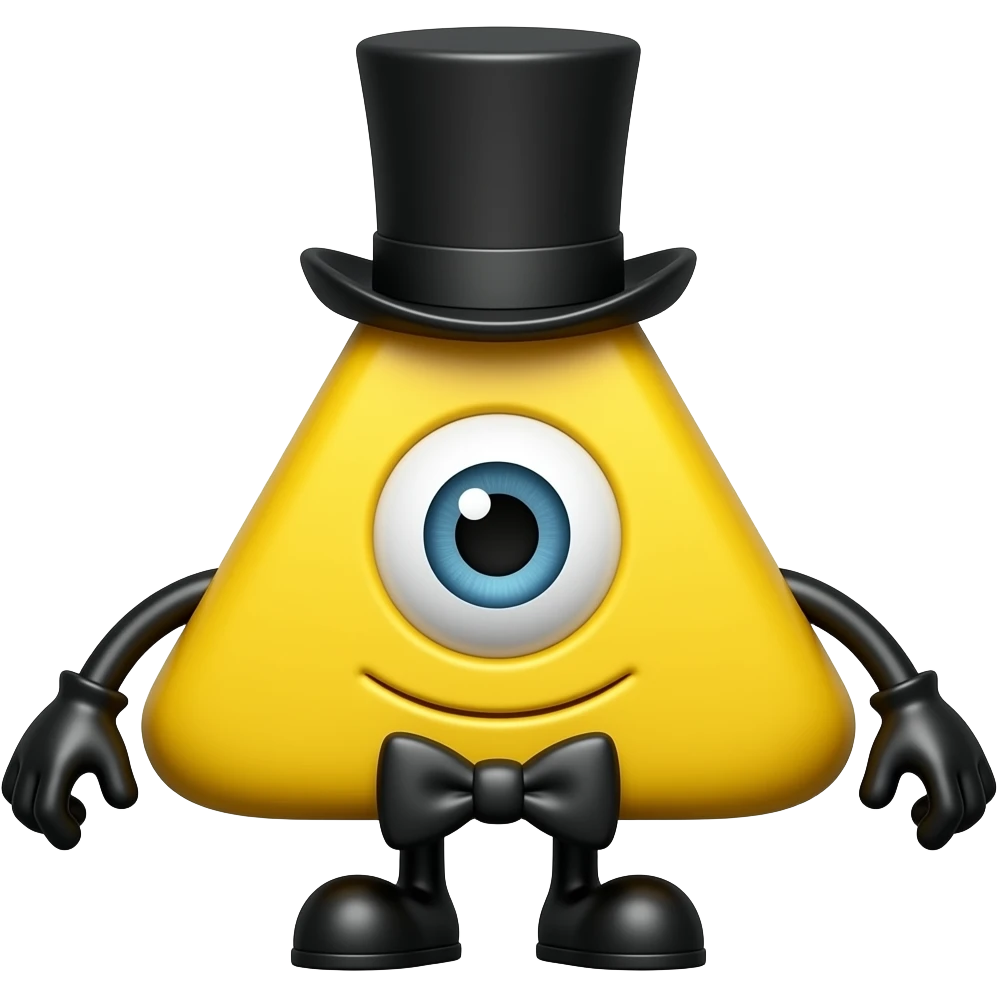 A yellow triangle with no mouth, an eye, bow tie, little pitch black arms, little pitch black legs and a top hat that looks like an upside down T emoji
