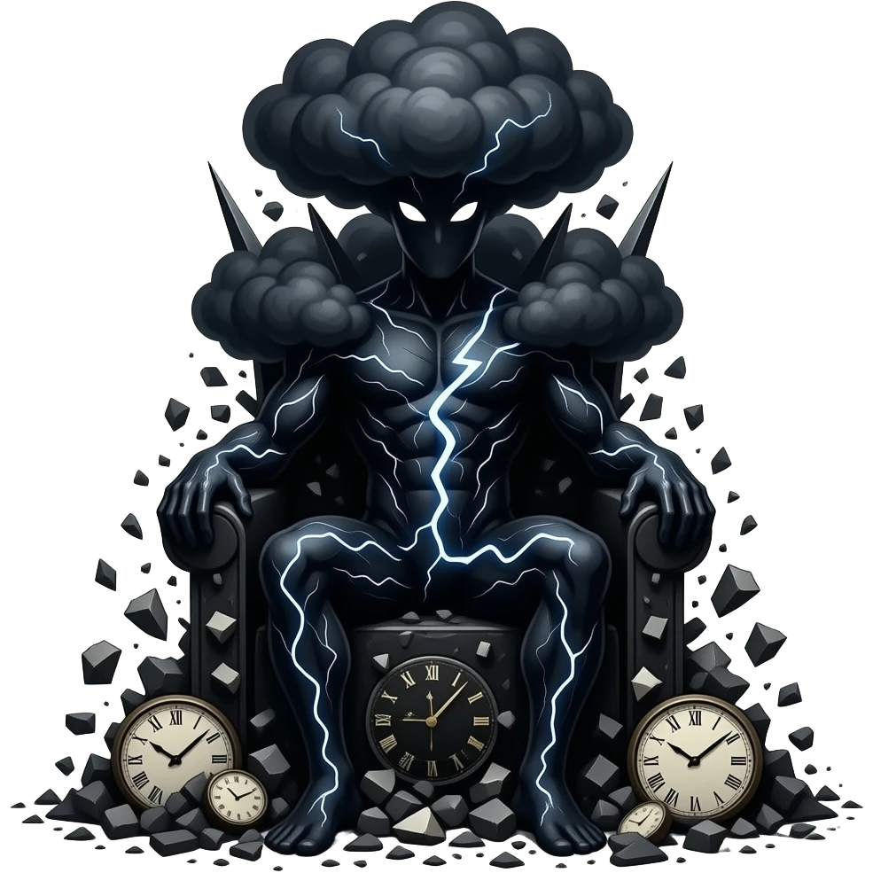 A dark godlike figure made of black lightning and storm clouds, eyes glowing white, sitting on a throne of broken clocks and crushed excuses, radiating absolute dominance, minimal flat icon style, dark background emoji