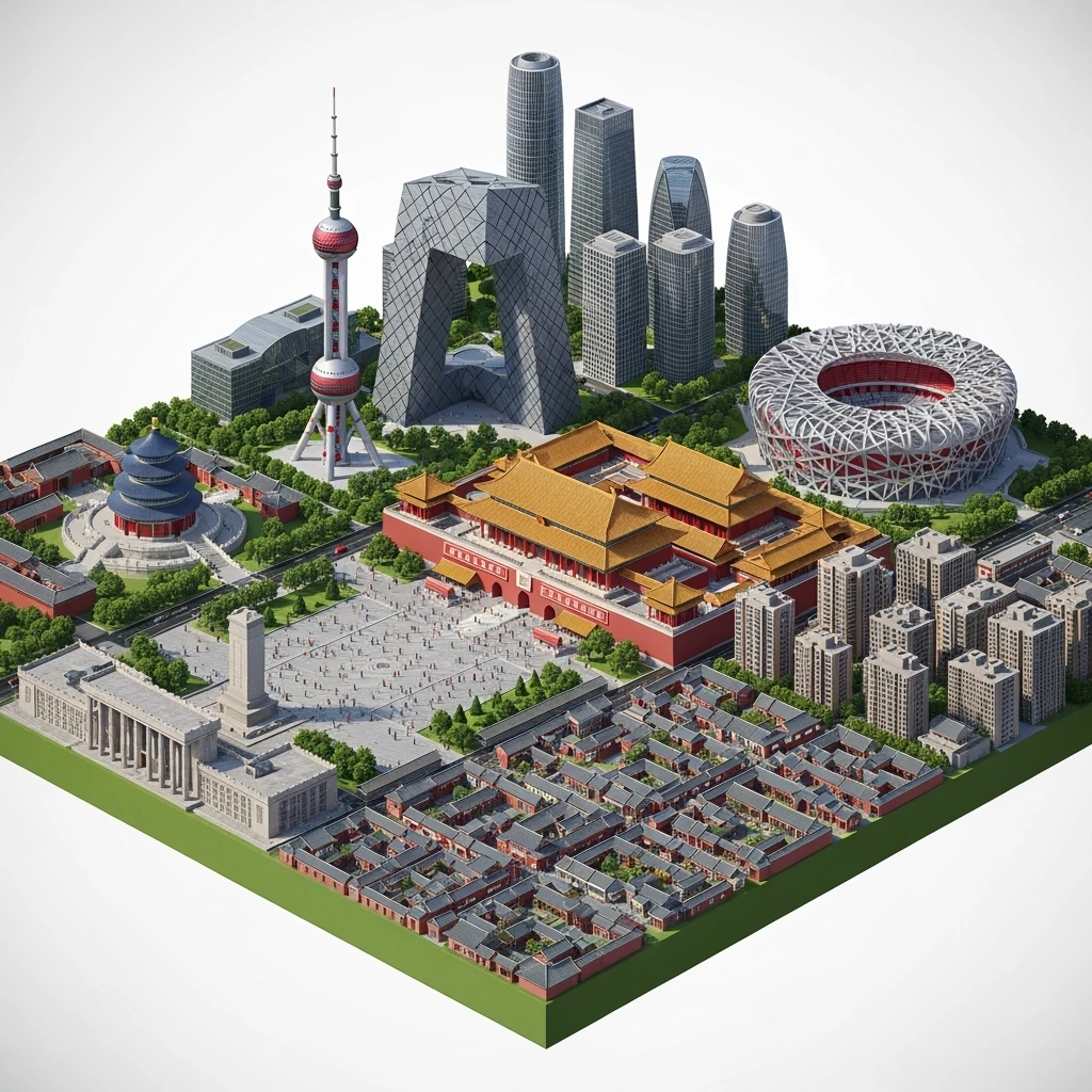 Isometric miniature of Beijing Forbidden City, Tiananmen Square, CCTV Headquarters, Temple of Heaven, China Zun tower, Bird’s Nest Stadium and crowded hutong alleys, apartment blocks, 3D miniature effect and Tilt Shift effect, no cartoonish look, transparent background, don't cut angles emoji