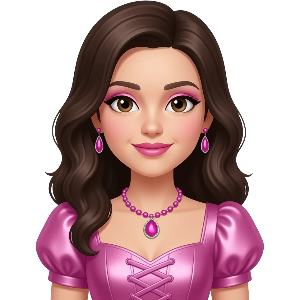 Azzyland with brown eyes, dark brown hair, pink eyeshadow and lipstick, pink metallic queen anne dress, pink necklace and earrings emoji