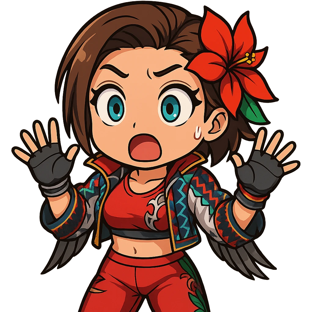 Azucena from Tekken 8 in chibi sticker style, with a shocked face and hands up, wearing the detailed red and patterned outfit from the reference images, designed for Twitch emote use. emoji