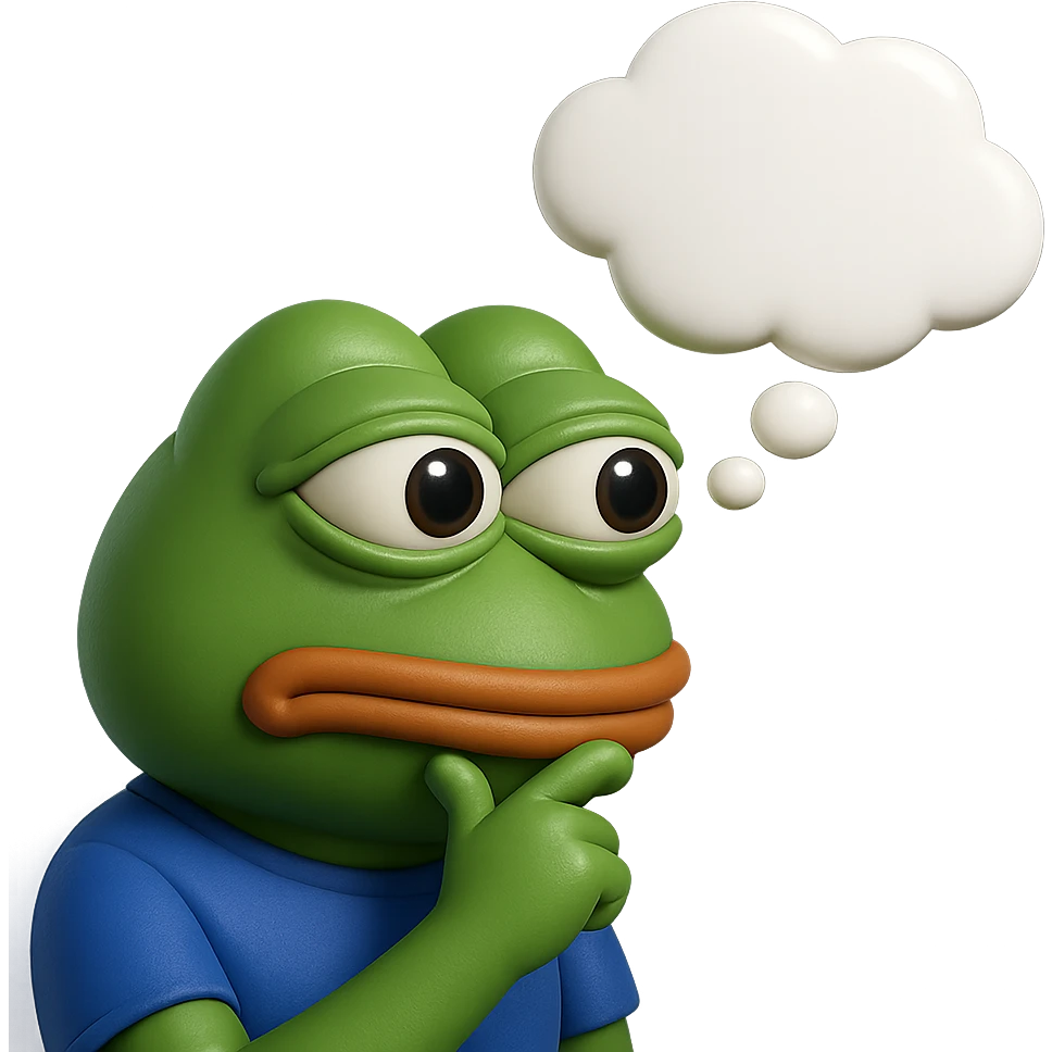 make a pepe with thought bubble looking at left side in 3d style, good highlights and shadows, drop shadows  emoji