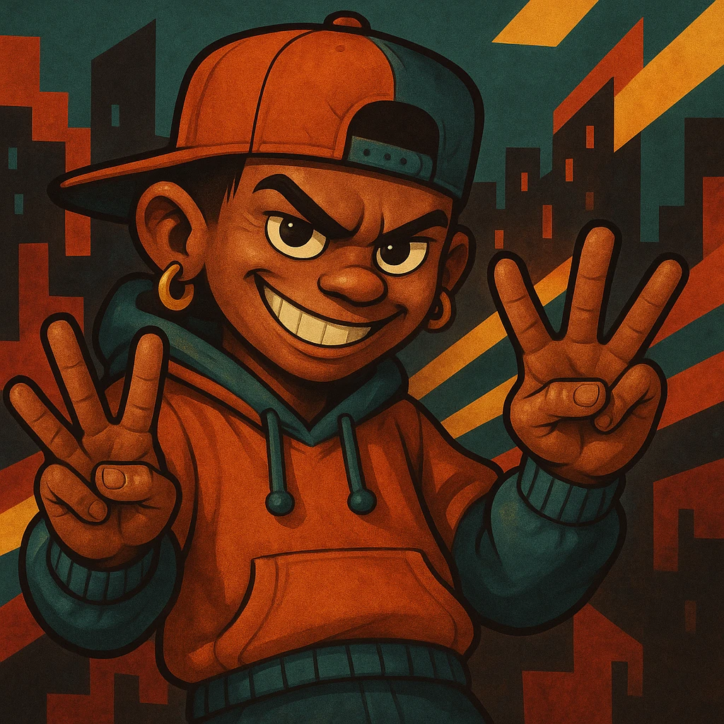 Make this mischievous character more realistic, keep the smirk and YVL hand sign on both hands, hip-hop style, energetic vibe, lifelike details. Focus on realistic textures and expressive features. emoji