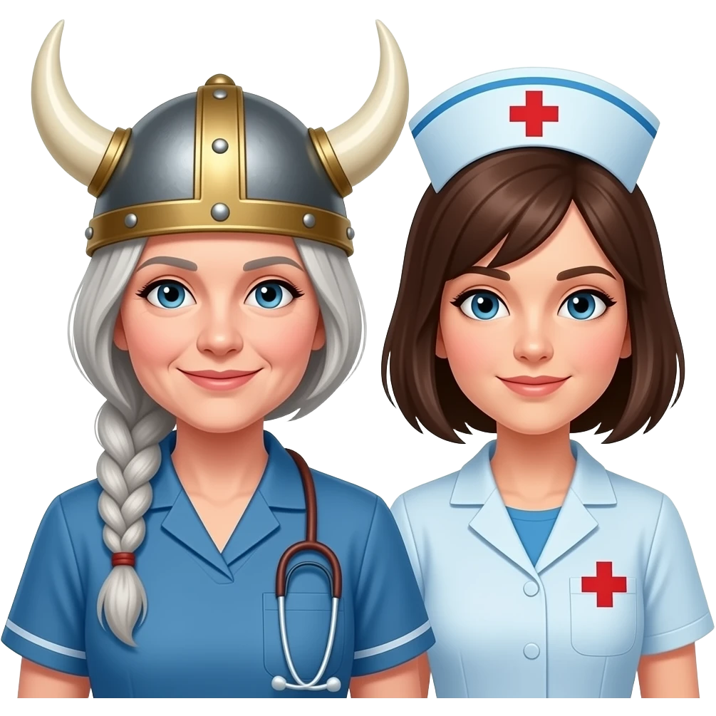 Viking helmet older woman with braids and cropped hair nurse female couple emoji