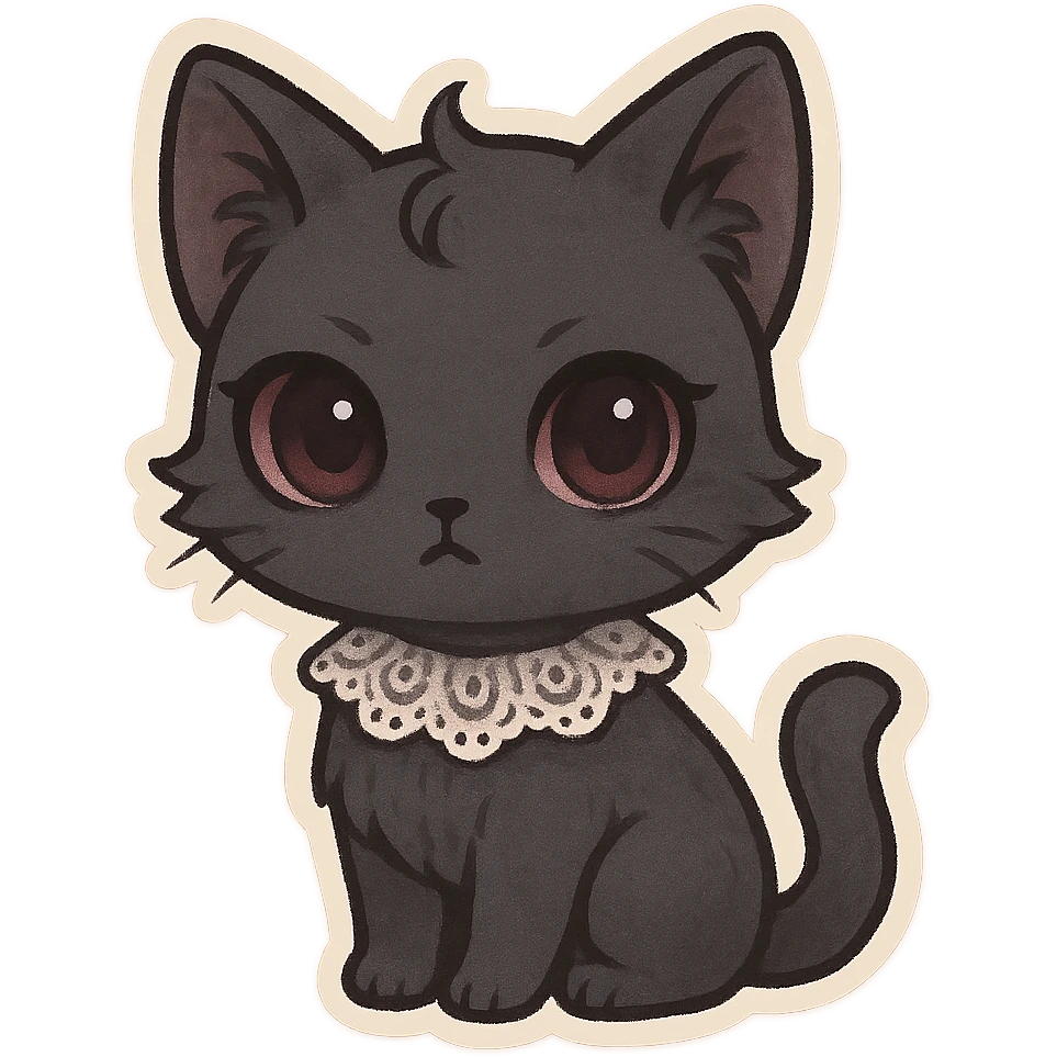 gothic cat, chibi style, black fur, lace collar, big eyes, cute but mysterious, pastel palette emoji