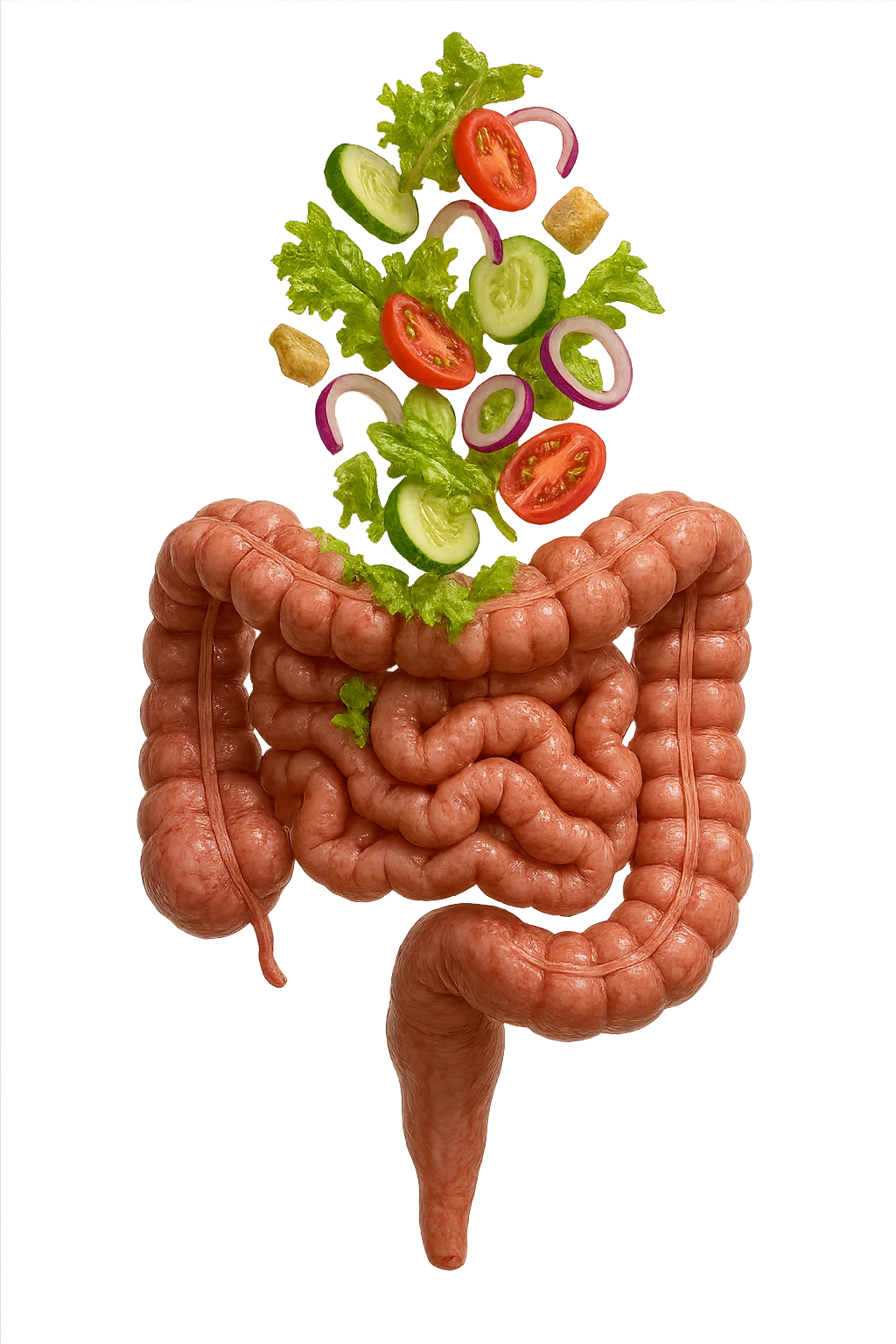 INSALATA CADE VERTICALMENTE SU UN INTESTINO ANATOMICO REALISTICO, iperrealistico 4k, ISOLATA SU SFONDO BIANCO emoji