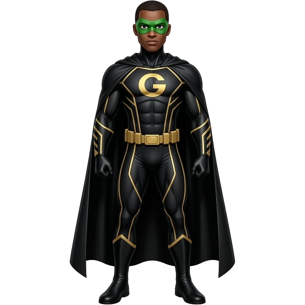 Black male superhero suite black and gold lines long black cape and green face mask very tall full body letters G on the suite emoji