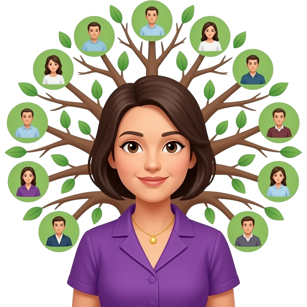 Женщина в фиолетовой одежде, в заде нее род семьи ТЕНИ emoji