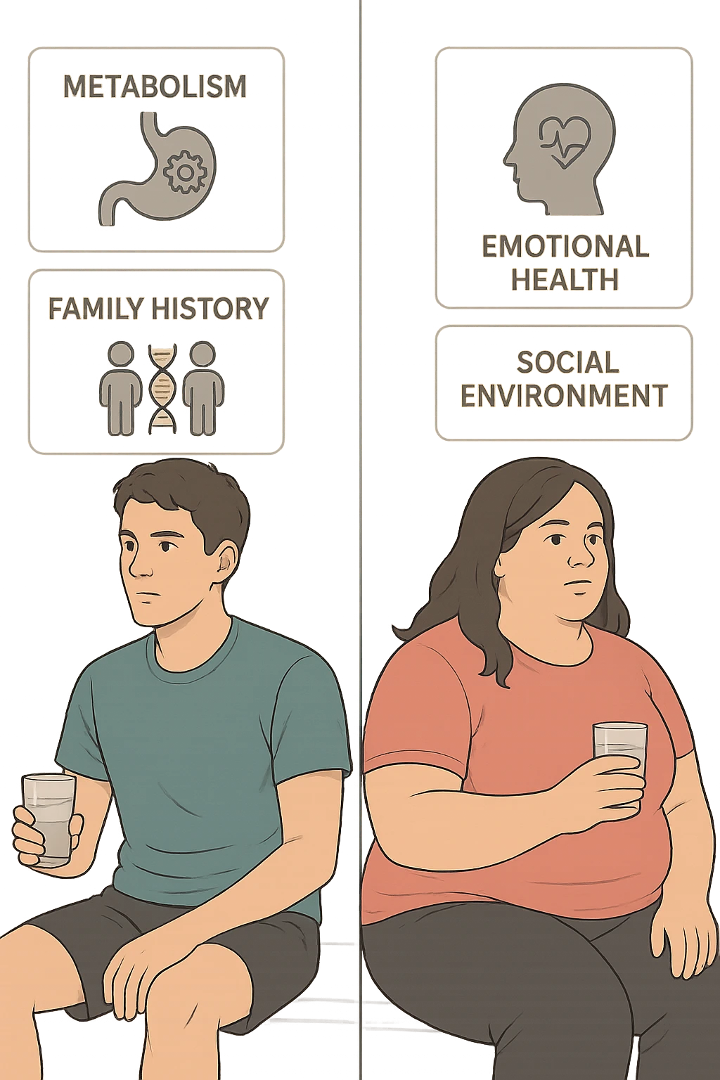 a split illustration showing two individuals with similar lifestyles but different body types. Around them, transparent overlays display factors such as metabolism, family history, emotional health, and social environment, highlighting the complexity behind body weight differences. The background is neutral and modern. realistica emoji