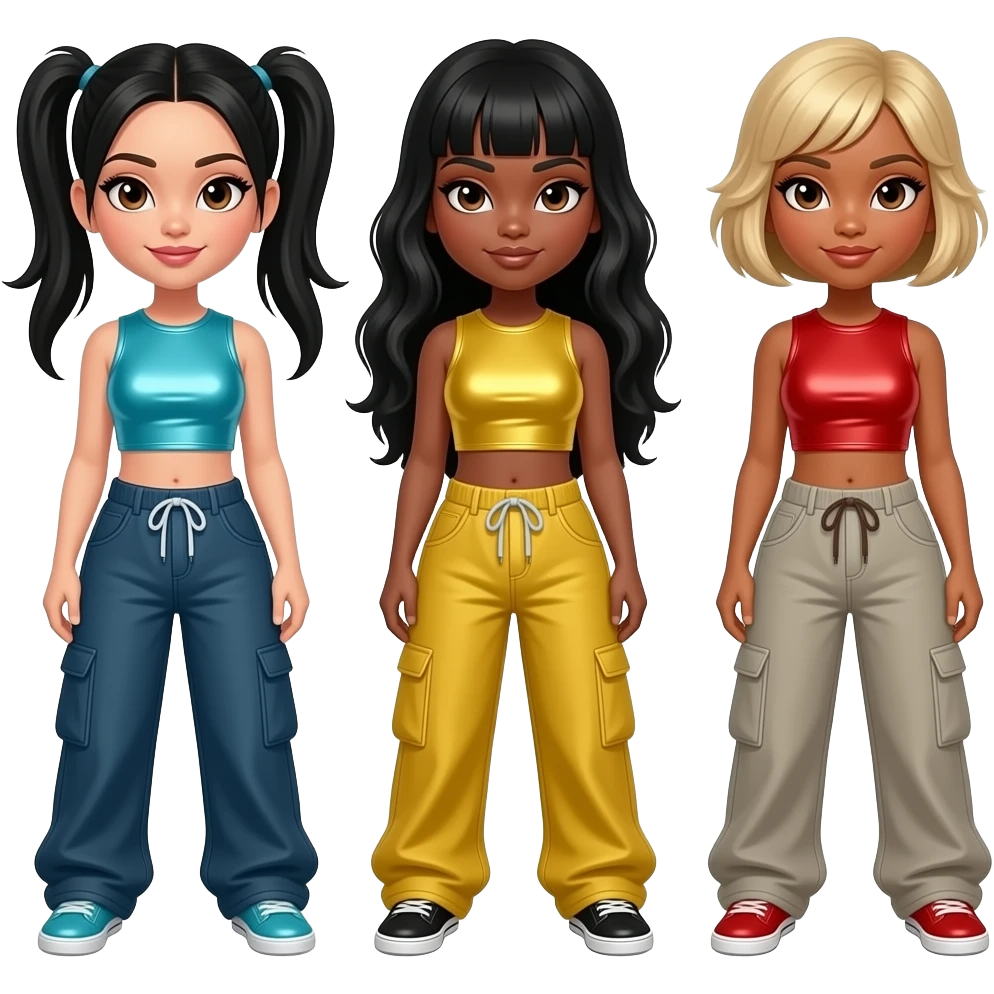 TLC with with Left Eye with brown eyes, black two ponytail hair, cyan metallic crop top and baggy pants, Chilli with brown eyes, long black hair, yellow metallic crop top and baggy pants, T-Boz with brown eyes,short blonde hair, red metallic crop top and baggy pants emoji