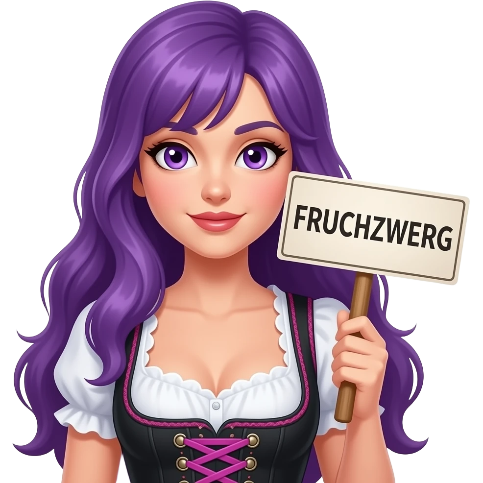 sexy girl with long purple hair and purple eyes wearing a dirndl holding a FRUCHTZWERG sign emoji
