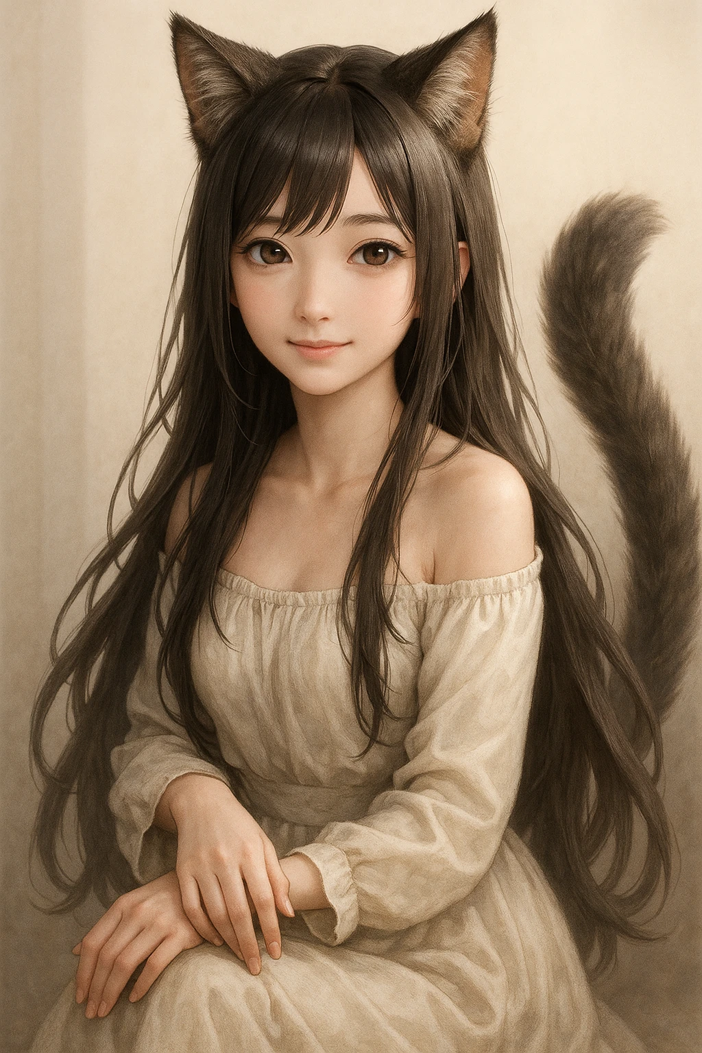 realistic anime catgirl, long hair, lifelike fur texture, gentle smile, elegant pose emoji