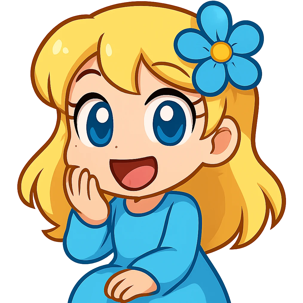 Extract the top right character with blonde hair, blue flower, and blue outfit as a fully visible, separate image with a transparent background, keeping the original chibi stickers cartoon style and appearance. emoji