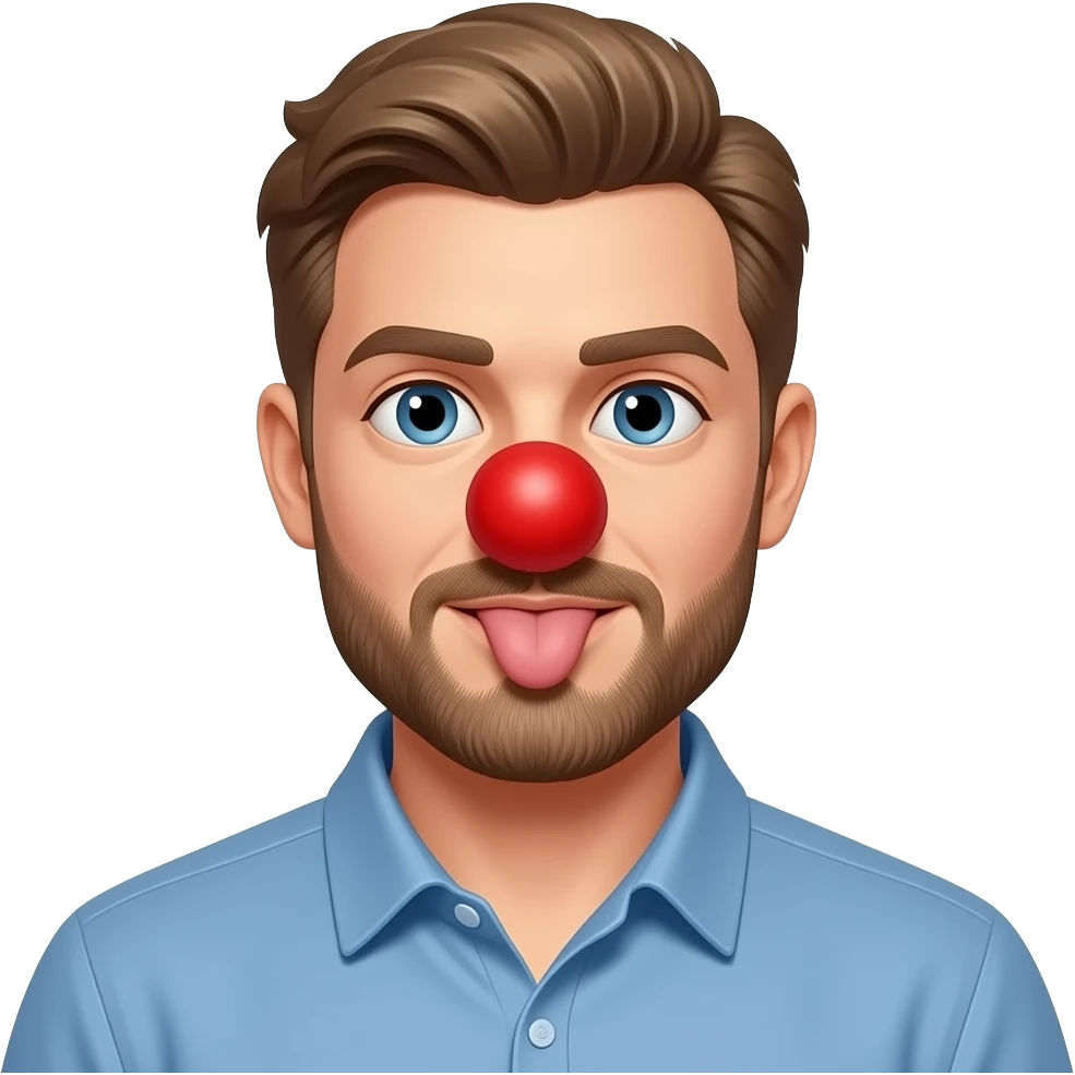 light Brown hair that goes behind the back on a man in blue shirt with beard Licking butt with red foam clown nose in Apple person emoji format emoji