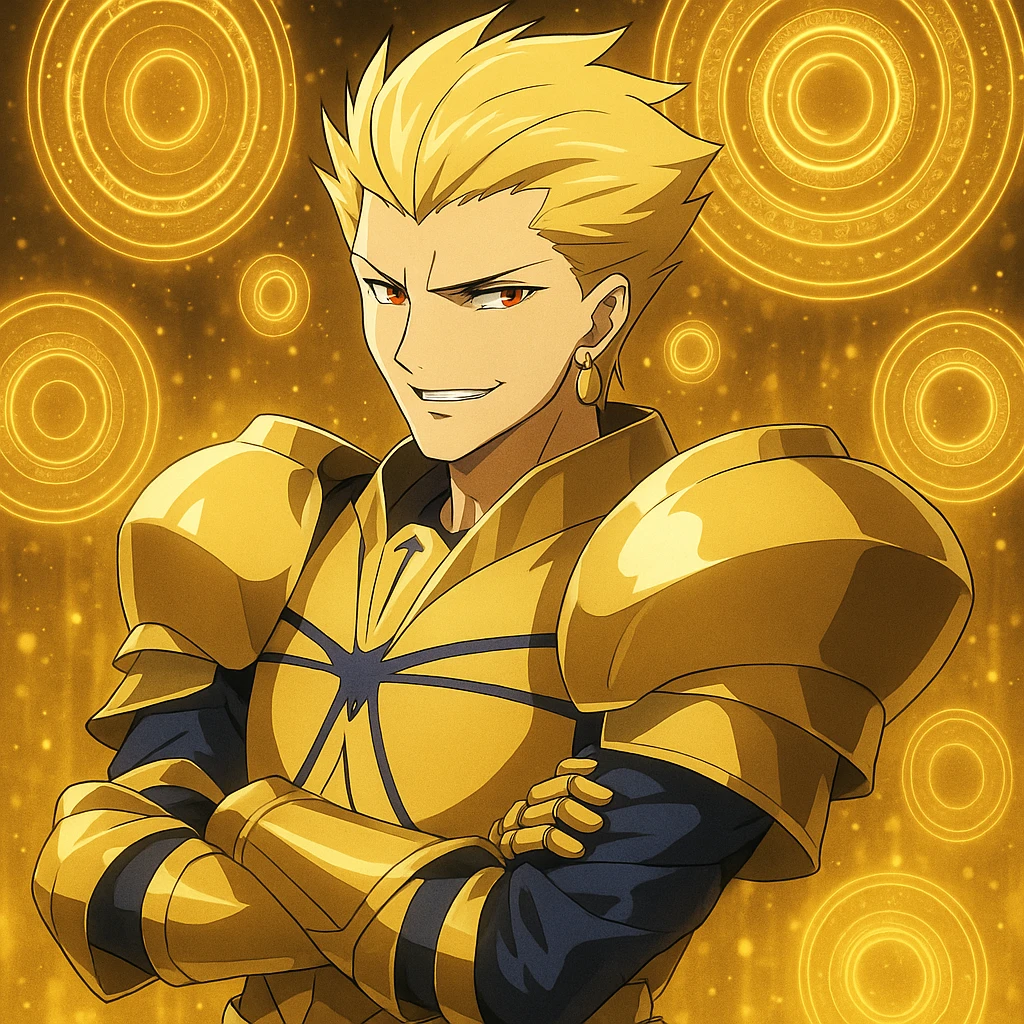Gilgamesh from Fate anime, summoning golden portals, smirking, anime style emoji