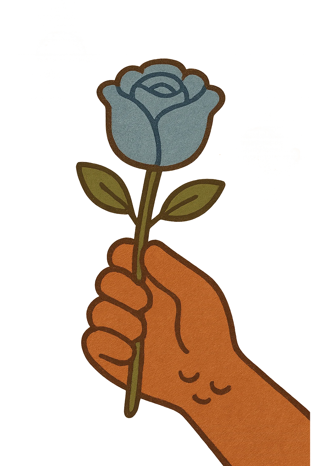 A flat illustration of a hand holding a blue rose, minimalist vector style, cartoon-like, 2D design, no shadows, soft pastel colors, clean lines, emoji aesthetic emoji
