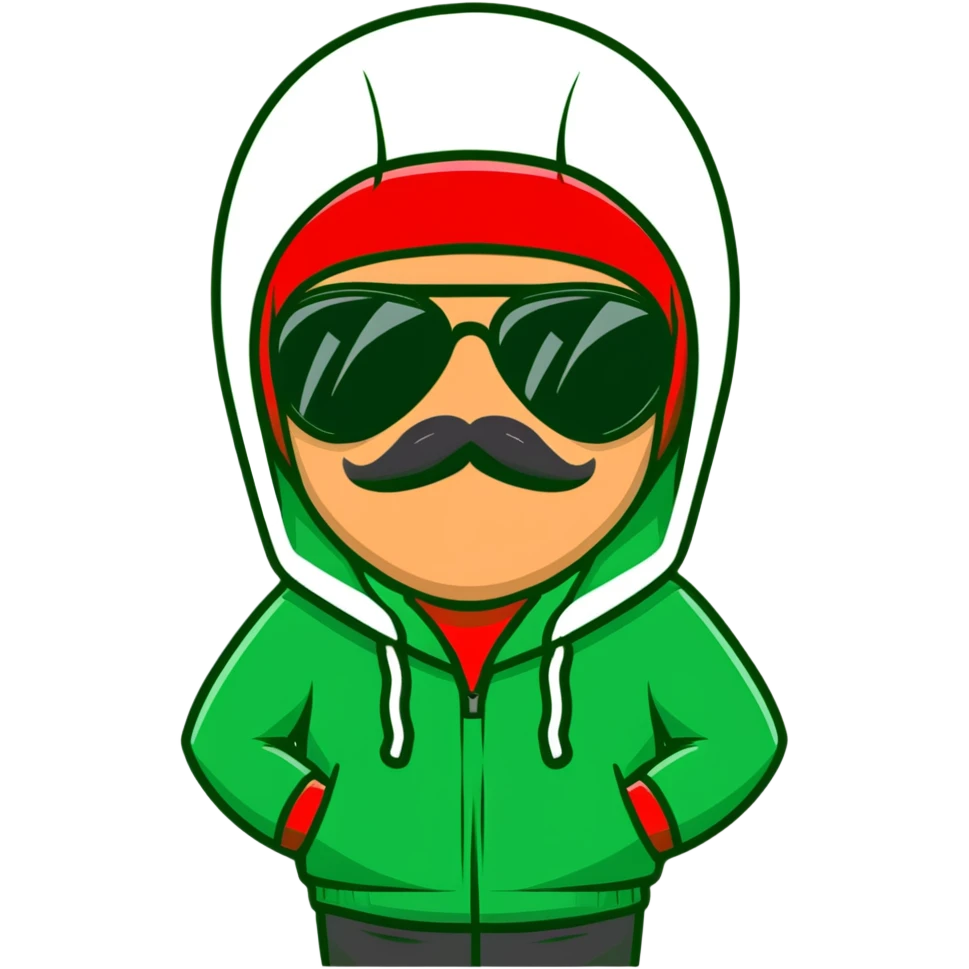 middle-aged man with thin mustache, black aviator sunglasses, red hoodie with hood covering head emoji