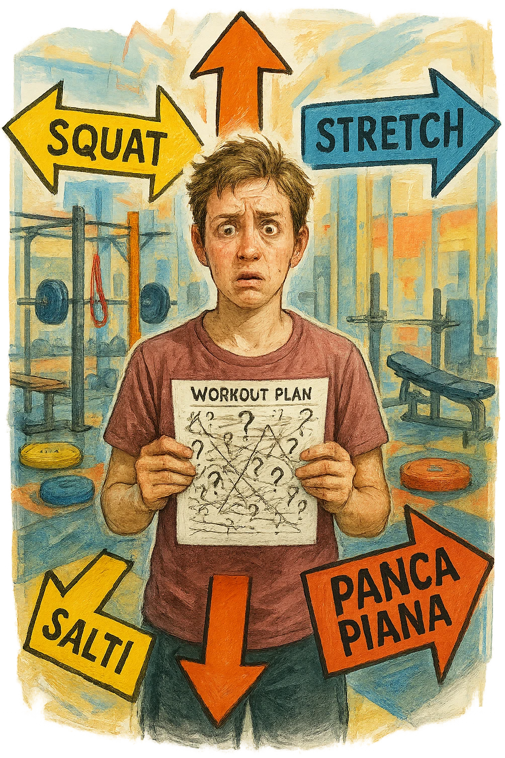 a person stands in the center of a gym, surrounded by arrows pointing in all directions, each labeled with a different exercise (e.g., “squat,” “Salti,” “stretch,” “Panca Piana”). The person looks bewildered, holding a workout plan with scribbles and question marks. The scene is colorful but visually messy, symbolizing confusion. in italiano immagine iperrealistica emoji