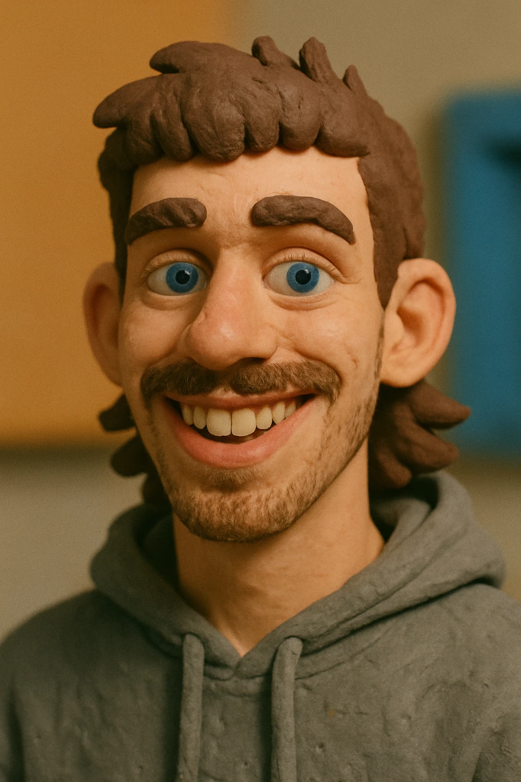 20 year old man, short scruffy beard and thin moustache, brown puffy mullet, blue eyes, big smile, white teeth, big lips, pronounced jaw, hair longer in back, sticking up on top, thin face, grey hooded sweatshirt, blue eyes emoji