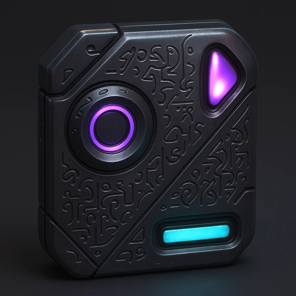 A S'pht Pfhor dialect radio transmission compiler: a compact, alien communication device with S'pht glyphs, pulsing lights, and a blend of smooth curves and sharp angles. The design evokes Marathon's alien tech, with a metallic finish and hints of purple and teal. emoji