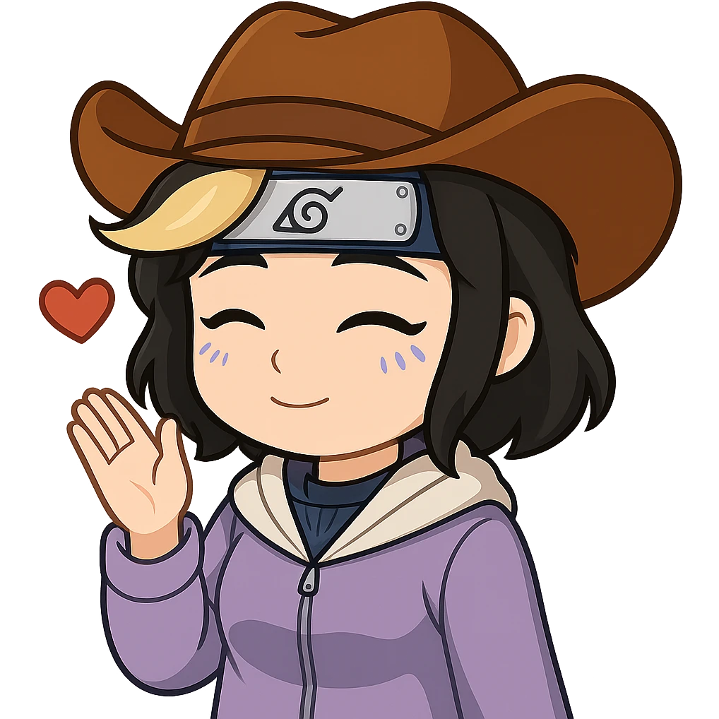 Edit the chibi cowgirl with short hair and a blonde streak to cosplay as Hinata from Naruto. Add Hinata's signature lavender jacket, blue ninja headband, and a gentle expression. Keep the chibi/anime style, cowboy hat, and no guns. Maintain a transparent background. Sized for Twitch or Discord use. emoji