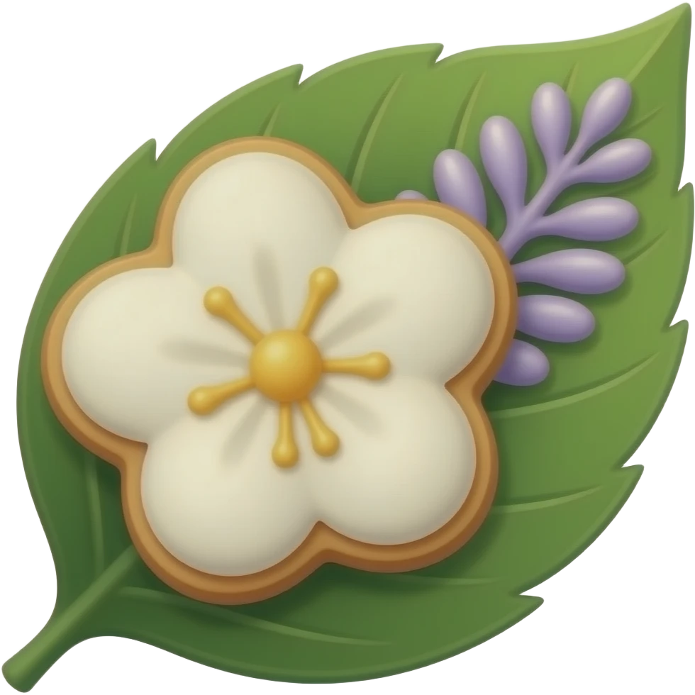 Elegant cookies, delicate floral shapes, botanical icing, enchanted tea-time style, emerald green, amber, subtle violet accents. Laying on a leaf emoji