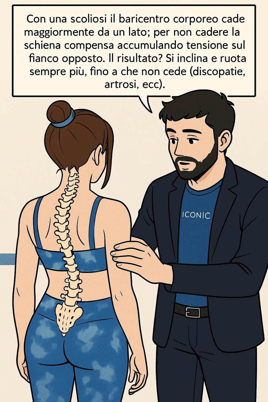 fai questa immagine in versione manga/webtoon a colori, il manga mostra la donna di spalle, mentre l'uomo le tocca la spina dorsale per spiegarle come funziona la scoliosi:
Con una scoliosi il baricentro corporeo cade maggiormente da un lato; per non cadere la schiena compensa accumulando tensione sul fianco opposto.
Il risultato? Si inclina e ruota sempre più, fino a che non cede (discopatie, artrosi, ecc) emoji