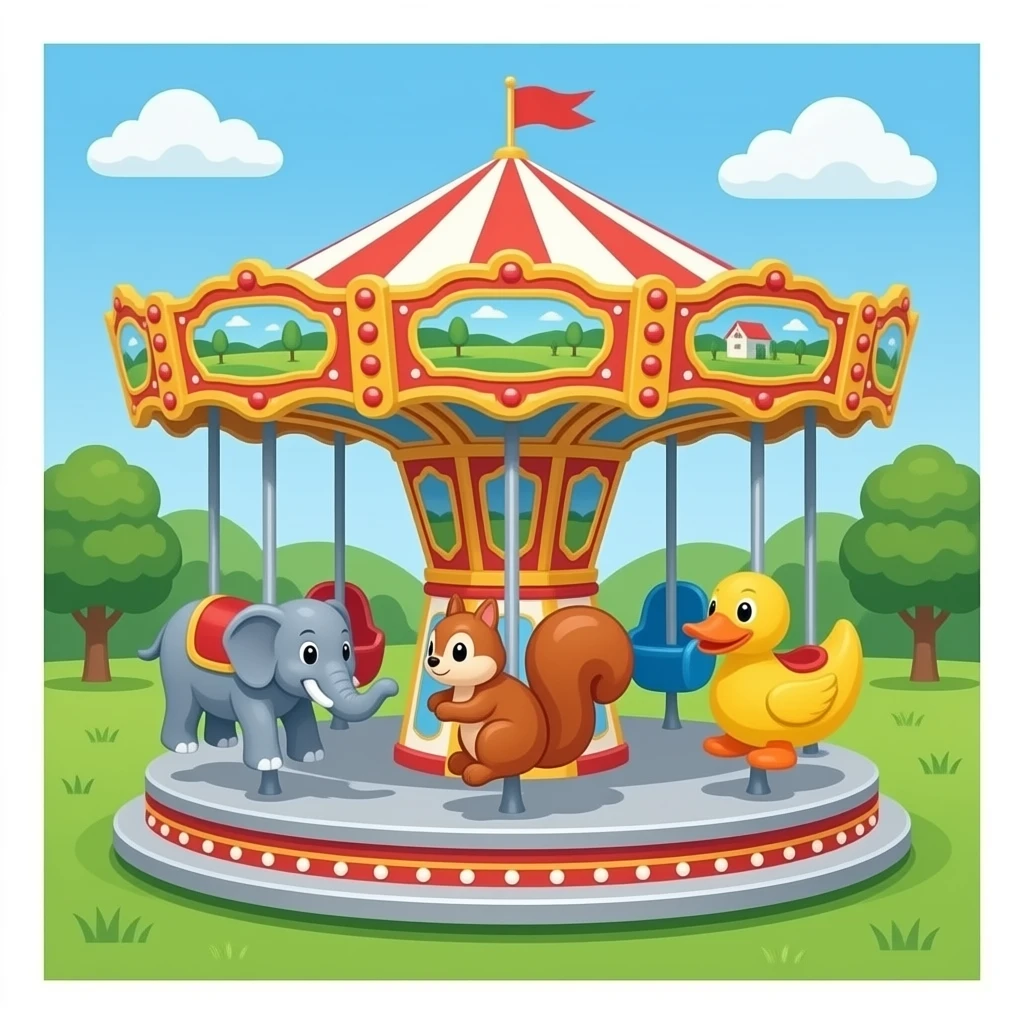 Coin Operated RJ Newborough 3 Toy Roundabout Carousel Kiddie Ride (1975) featuring Elephant Seat, Squirrel Seat, and Duck Seat/ amusement park emoji