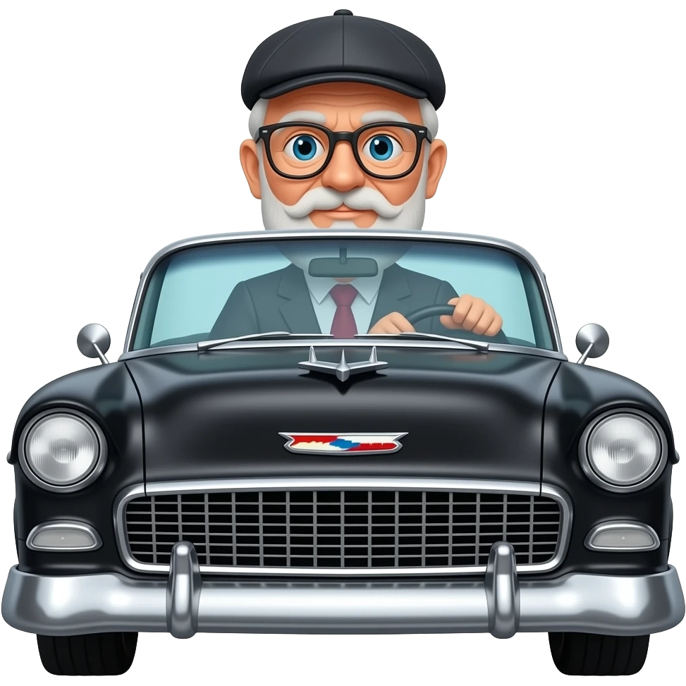 OLD MAN WITH GLASSES NO BEARD AND FLAT CAP DRIVING BLACK 1955 CHEVY WITH emoji