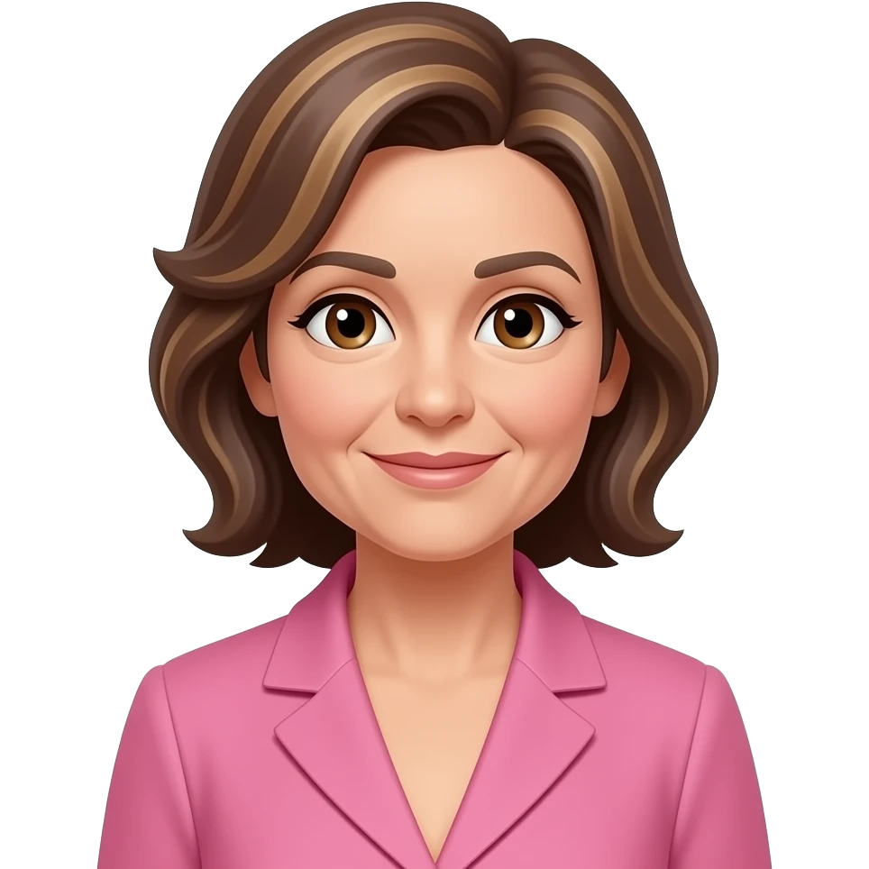 woman in 50s with brown highlighed hair and wearing pink formal top brown eyes emoji