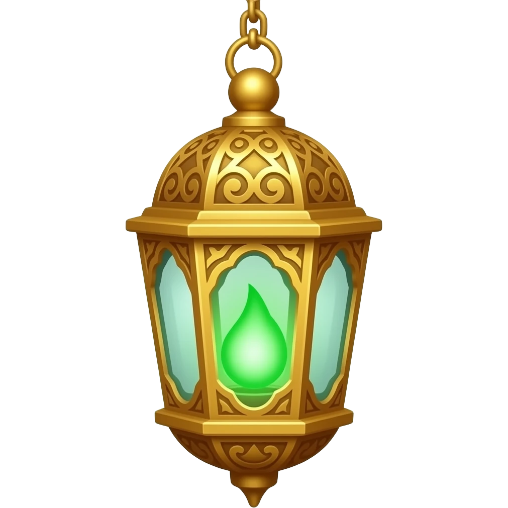 A golden hanging lantern with a emerald green flame, no wire or chain emoji